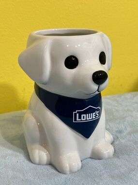 White Puppy Ceramic Planter with Blue Bandana